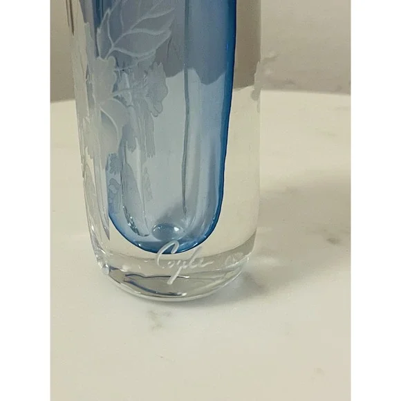 Vintage Perry Coyle Etched Glass Ice‎ Blue Floral Vase Signed - Picture 7 of 13